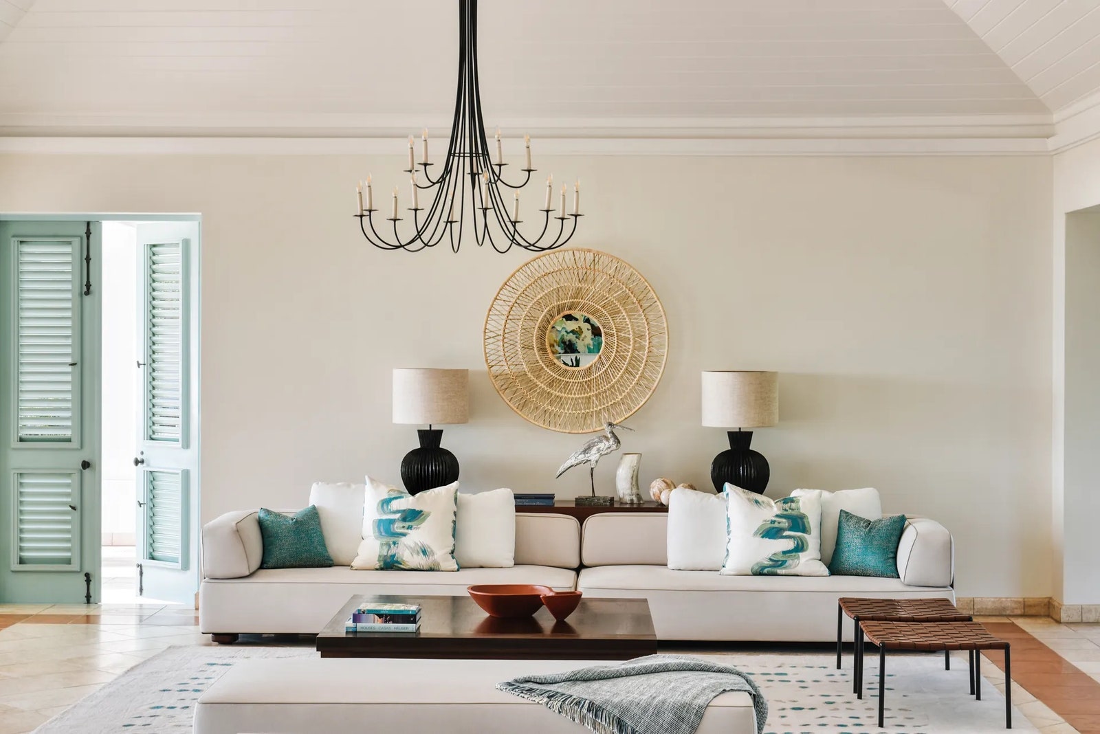Studio IDC used a palette of cool hues for the bright interiors of the Evangeline Estate on Jumby Bay Island in Antigua.